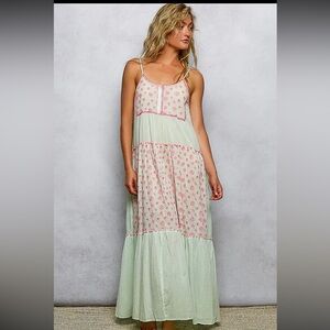988. Sleeveless shirring embroidered printed woven maxi dress light green pink